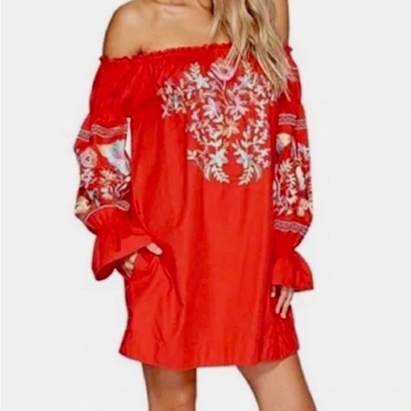 Free People Dresses & Skirts - Free People Red Fleur Du Jour Embroidered Mini Off the Shoulder Dress size M